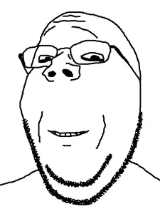 gapejak, wholesome soyjak, bald, closed mouth, creepy, glasses, looking at you, monochrome, ominous, smile