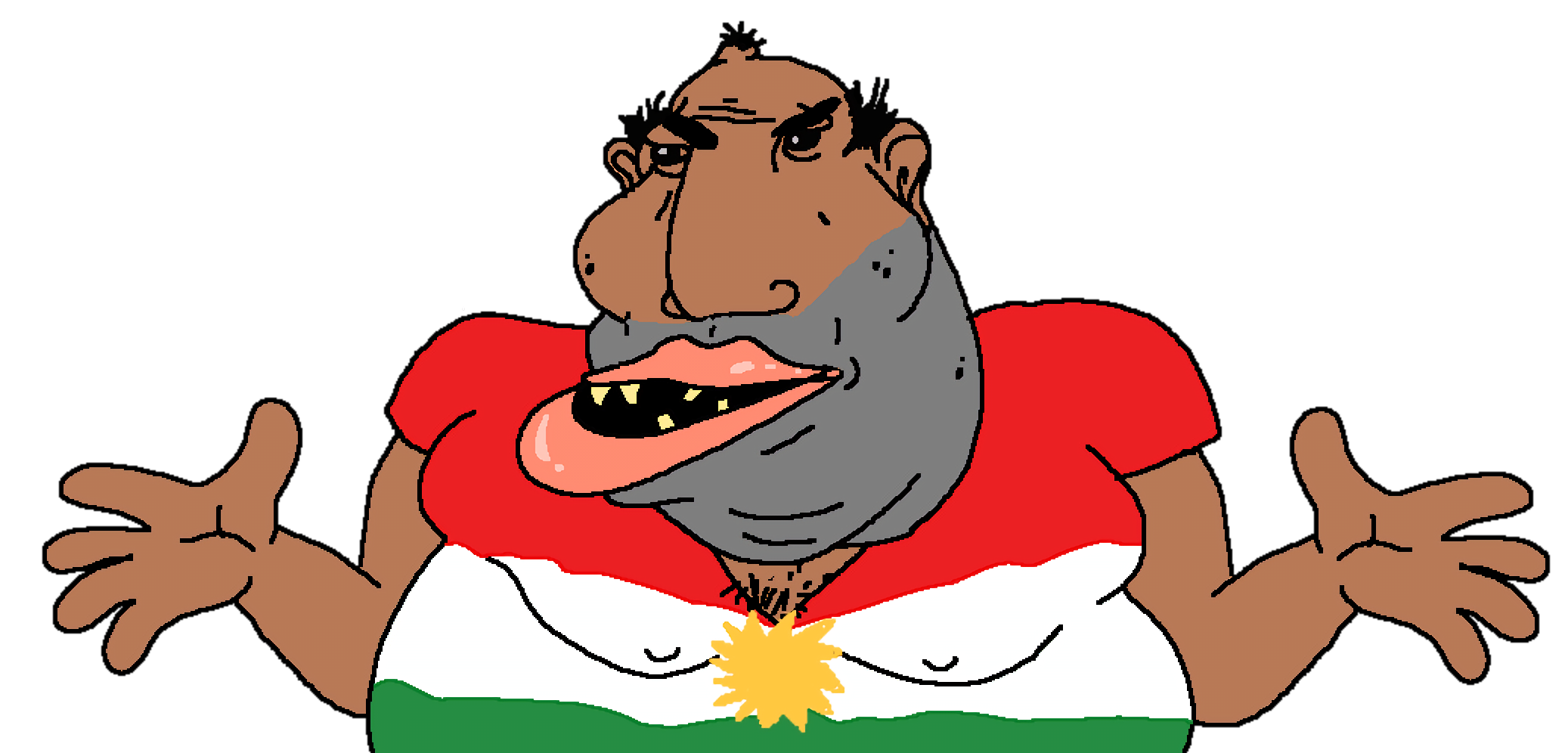 classic amerimutt, amerimutt, black eyes, black hair, brown skin, el mohammed, fat, hair, half open mouth, kurd