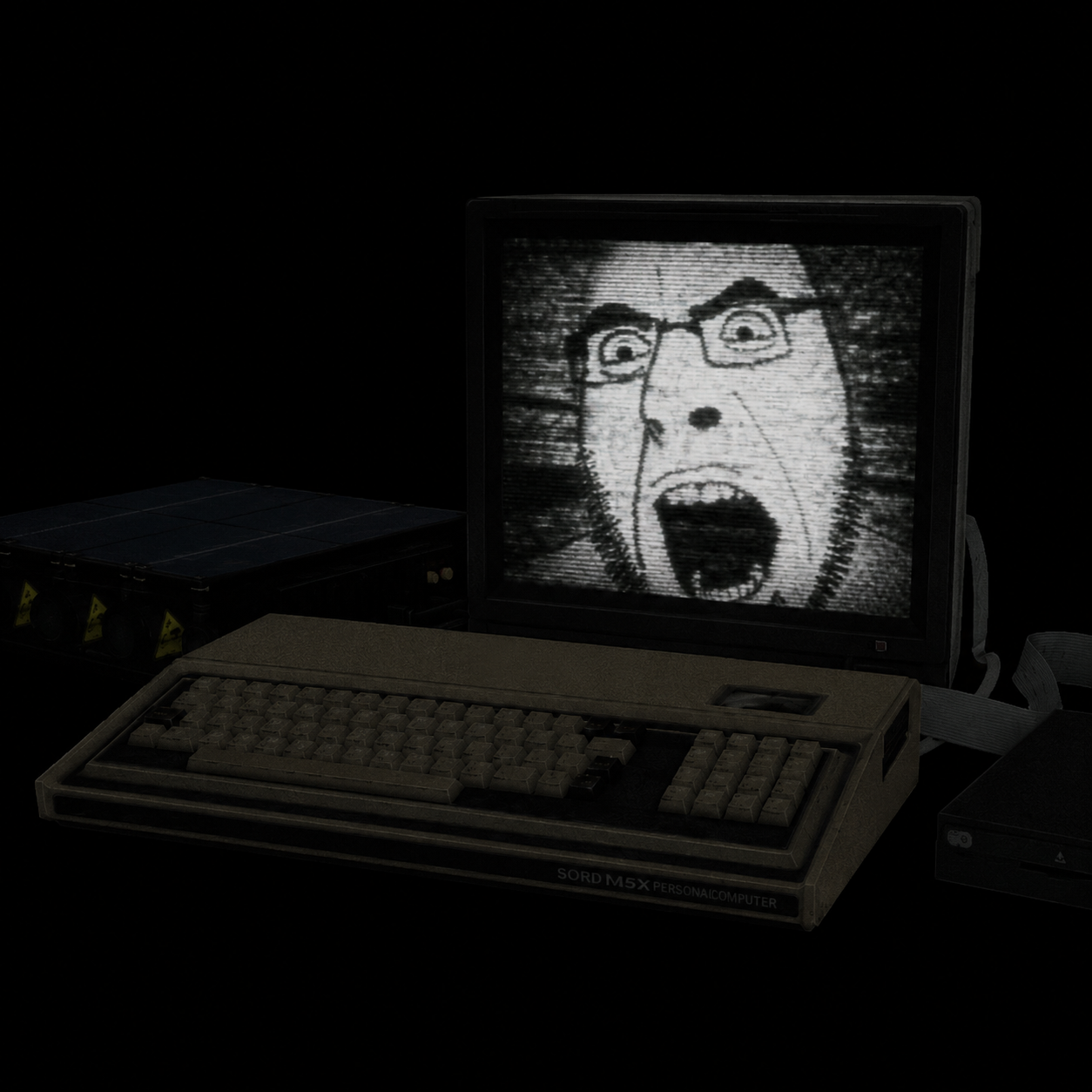 cobson, scpjaks, 1soyjak, bald, black background, computer, glasses, no glasses, open eyes, open mouth