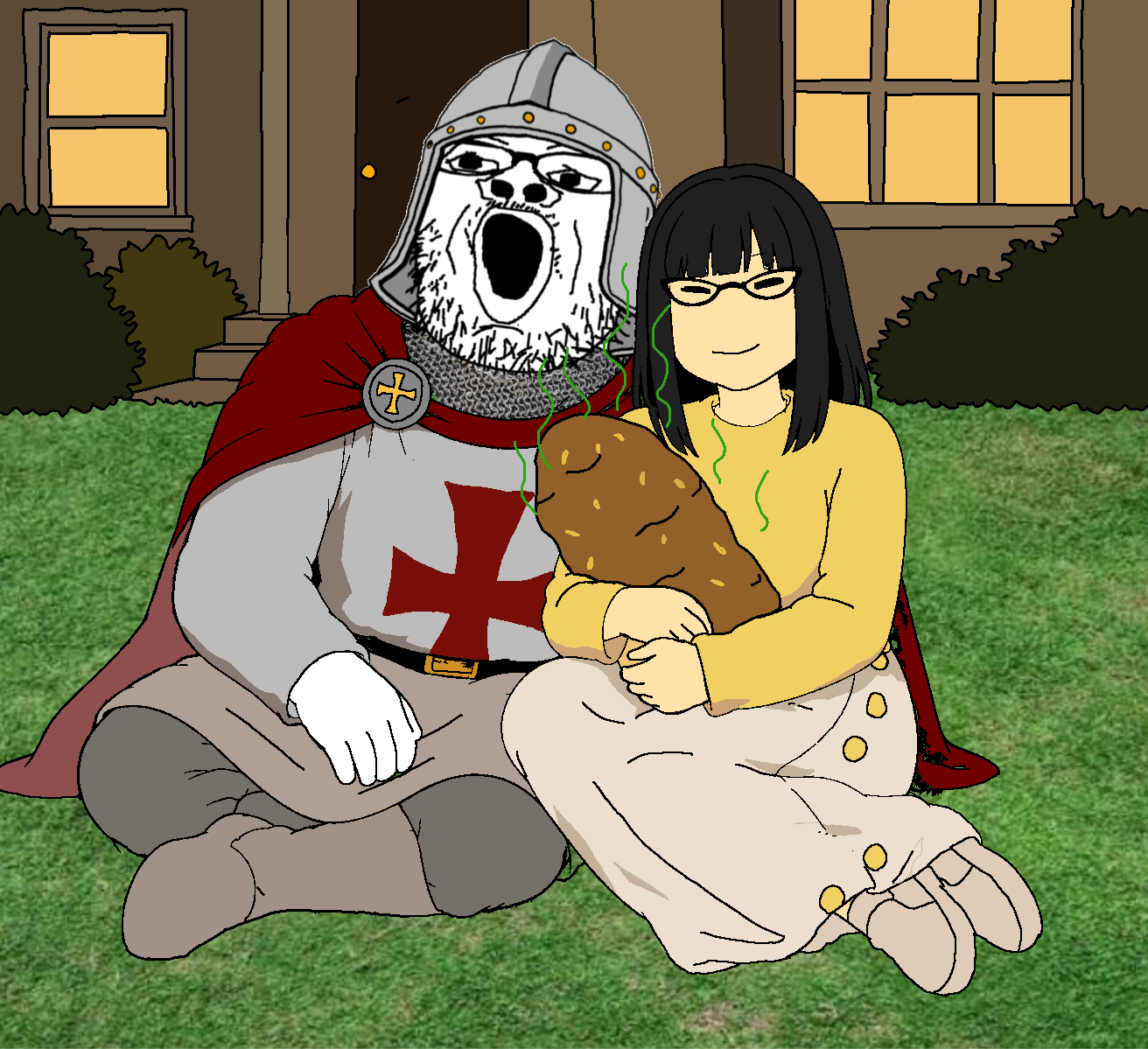 soychang, soytan, marney, armor, black hair, cape, closed mouth, clothes, corn, cross