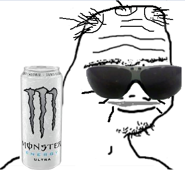 wojak, black text, blue text, boomer, closed mouth, cyan text, energy drink, english text, eyebrows, forehead lines