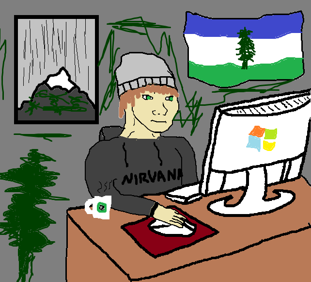 wojak, country feels, arm, beanie, black text, brown hair, cascadia, closed mouth, clothes, coffee