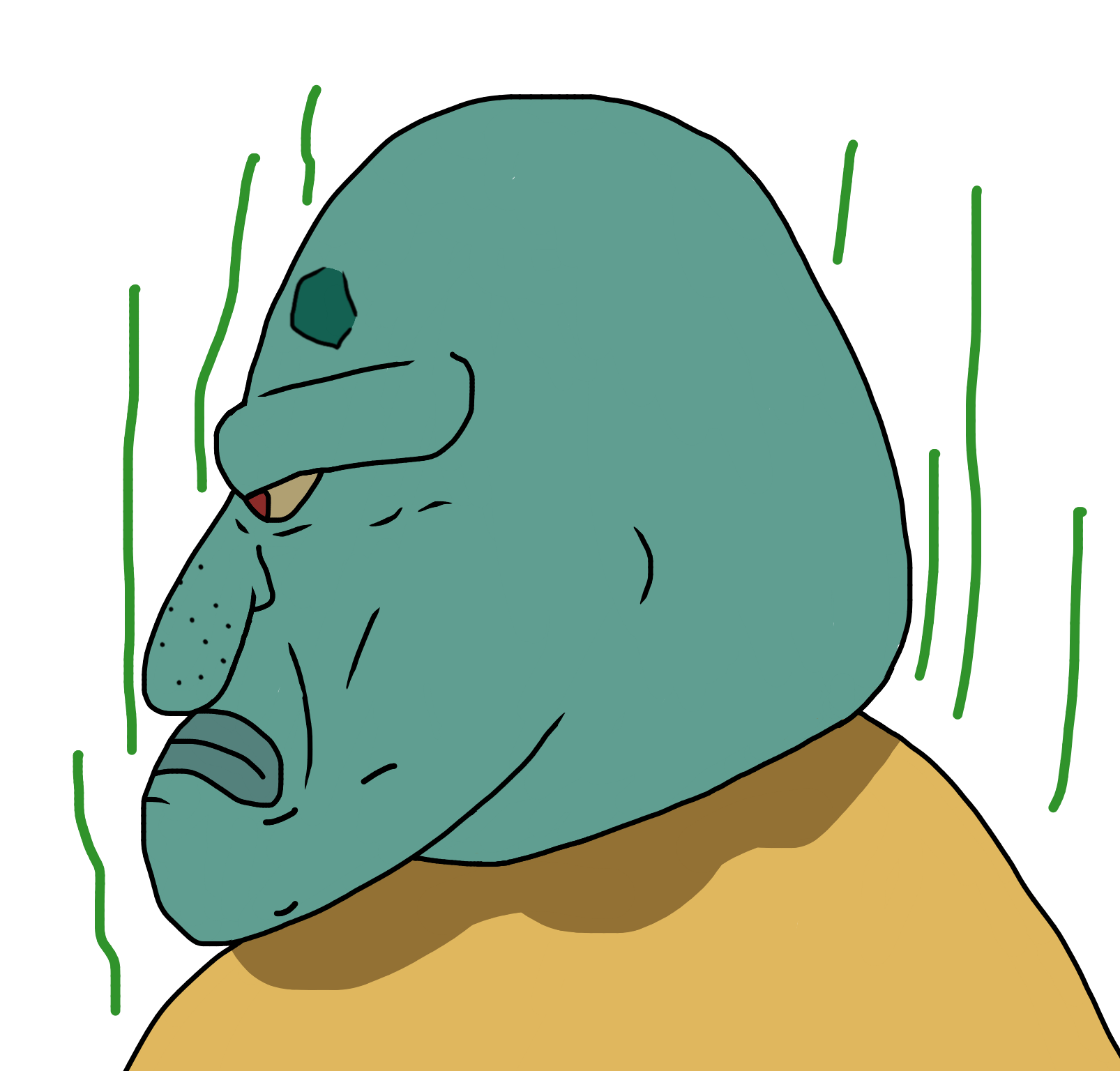 squidward tentacles, disgusting trevorcreature, disgusting trevorcreature side, sidejaks, 1soyjak, angry, bald, closed mouth, clothes, fat