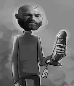 baldi, gigachad, bald, bbc, beard, big head, closed mouth, dildo, disappointed, gray background