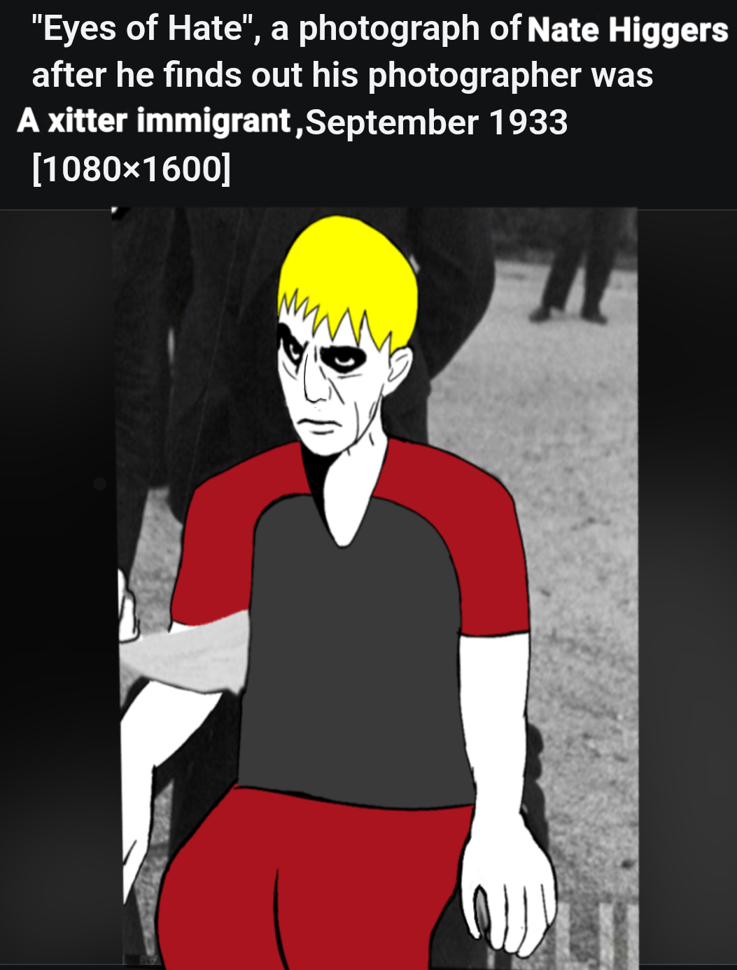 nate higgers, chudjak, chudjak seething, natejak, 1soyjak, angry, black eyes, blonde hair, closed mouth, front view