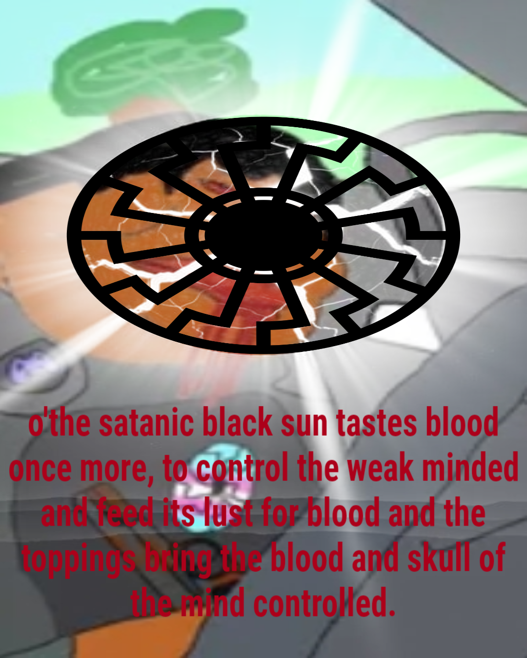 meximutt, black eyes, black hair, blood, blood drip, blood from nose, blood on face, bloodshot eyes, bowl cut, bright