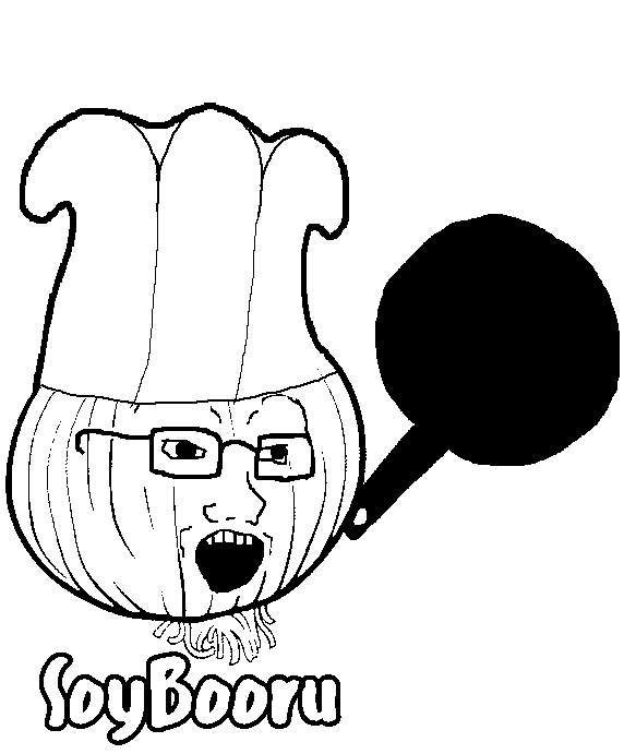 soyak, the soybooru logo, black and white, black eyes, boorucuck, boorucux, chef, cook, drawn background, frying pan