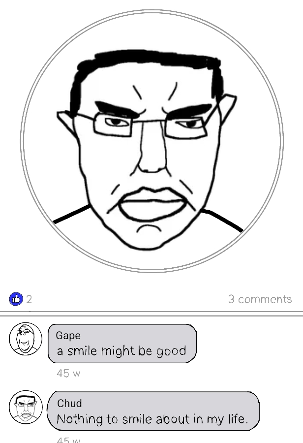 chudjak, gapejak, pol face, wholesome soyjak, 2soyjaks, bald, black eyes, black hair, circle, closed mouth