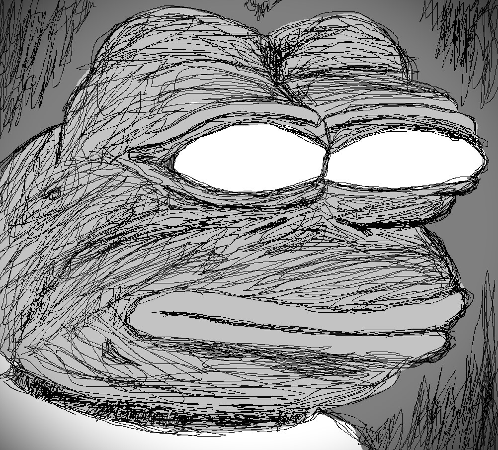 tomatotapedonwall, pepe, bald, closed mouth, front view, frown, gray background, gray skin, looking at you, no glasses