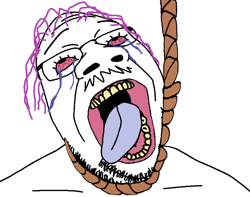 goopjak, bloodshot eyes, crying, dead, glasses, hair, hanging, mustache, open mouth, purple hair