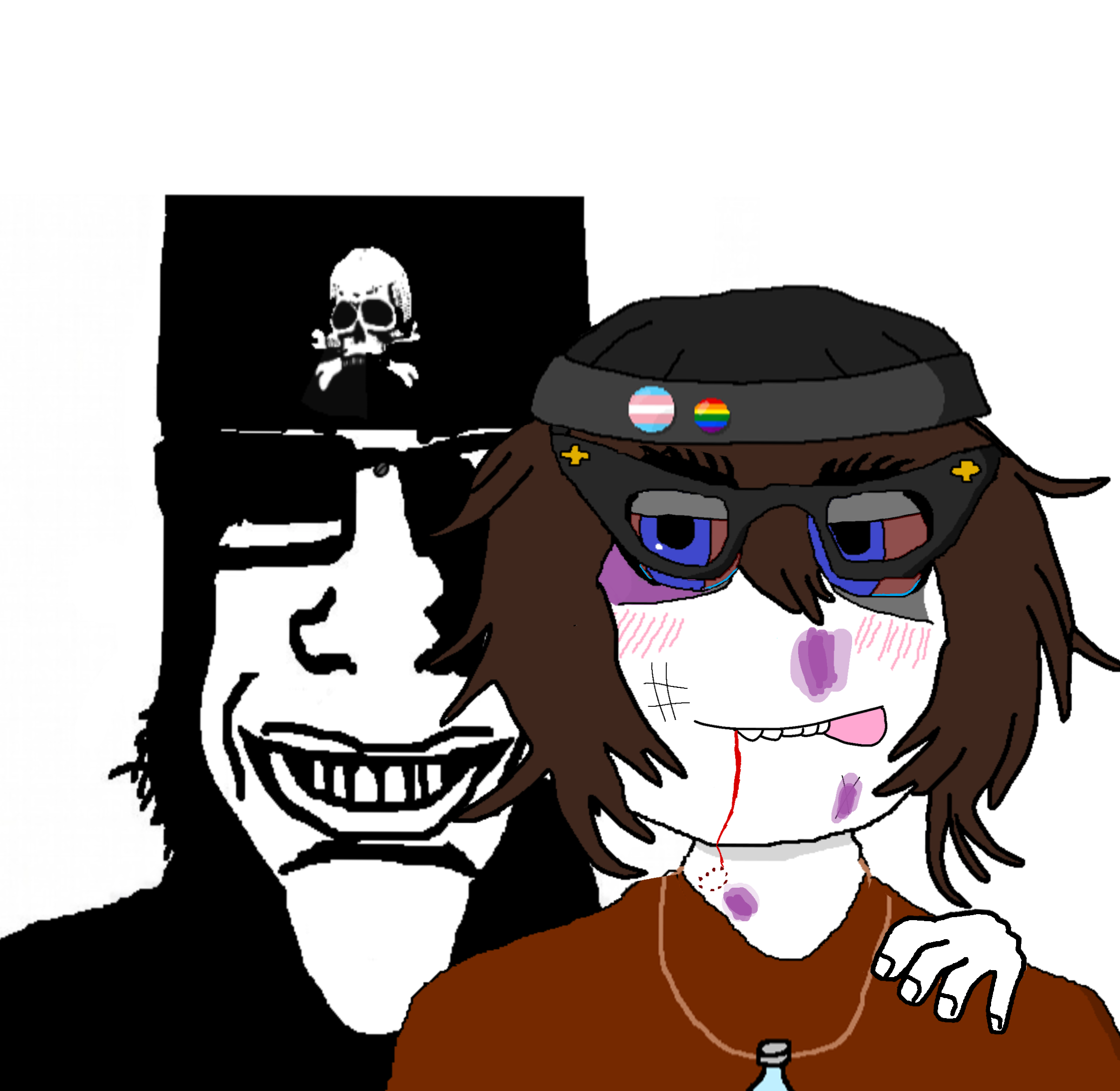 soytan, soywood, 2soyjaks, black shirt, blush, bone, bones, brown hair, button, closed eyes