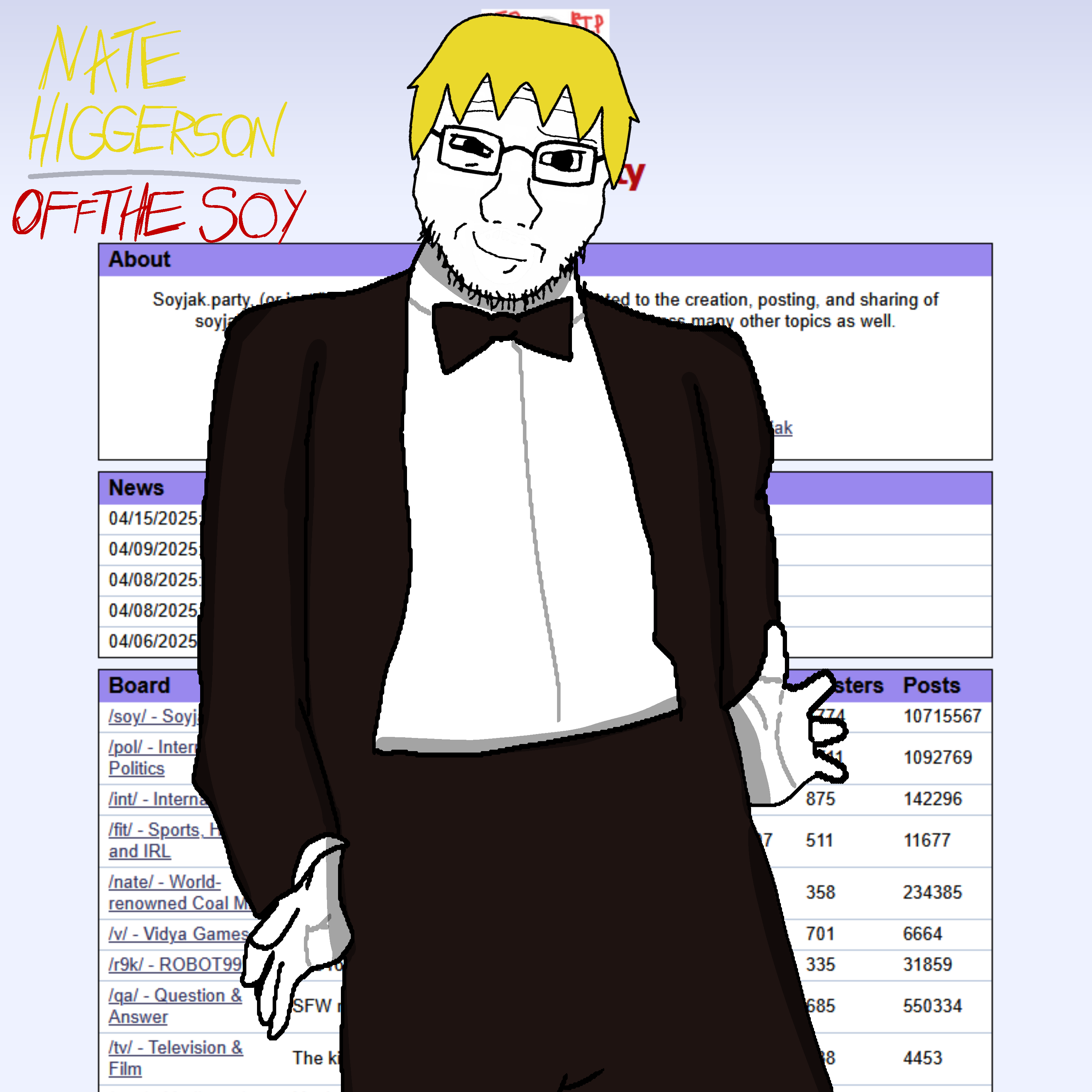 nate higgers, soyak, natejak, 1soyjak, album cover, black bowtie, black suit, blonde hair, elegant, glasses