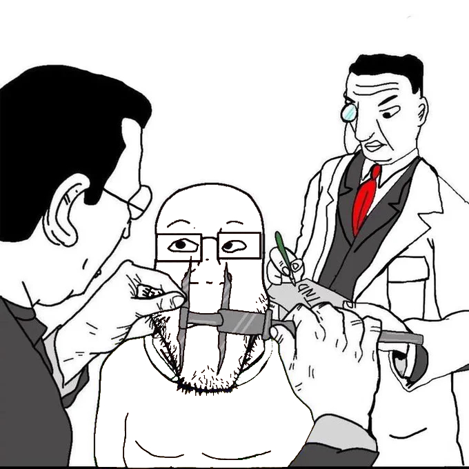 chudjak, markiplier soyjak, neutralplier, two inspecting chuds, 3soyjaks, bald, black hair, calipers, closed mouth, clothes