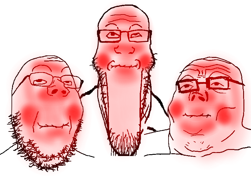 gapejak, markiplier soyjak, tony soprano soyjak, longplier, soyjak trio, 3soyjaks, glasses, holding breath, holding laughter, looking up