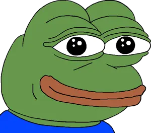 pepe, bald, black eyes, blue shirt, closed mouth, clothes, fat, front view, green skin, happy