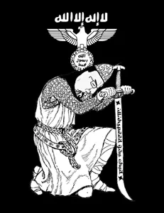 chudjak, arabic text, arm, belt, chain mail, closed eyes, closed mouth, clothes, flag, full body