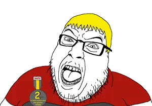nate higgers, hilbert soyjak, natejak, badge, blonde hair, clothes, glasses, hair, open mouth, soyjak