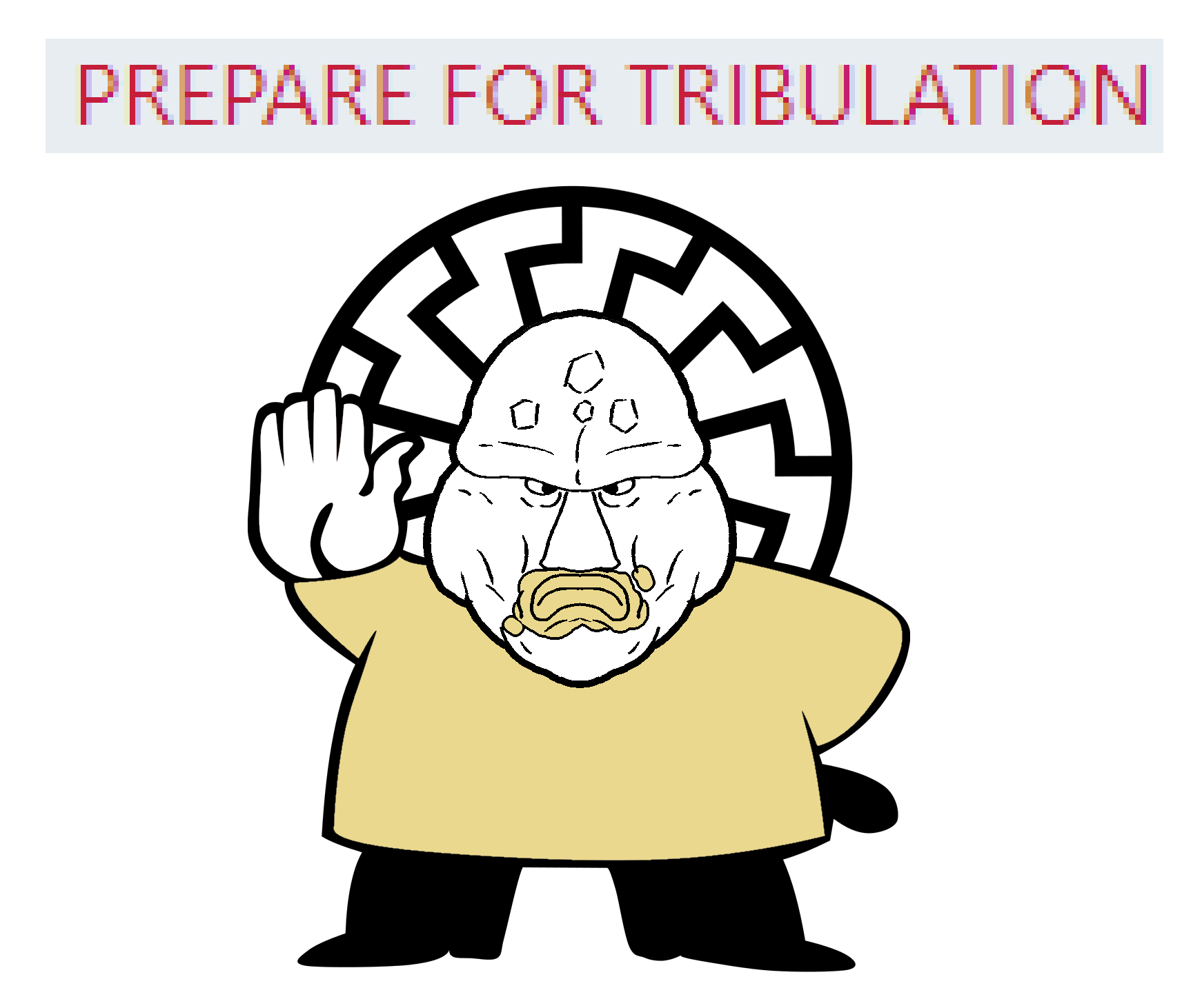 police man ganson, disgusting trevorcreature, 1soyjak, bald, baton, closed mouth, food, front view, frown, hand up