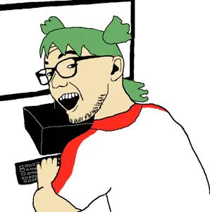 zoomer on computer, 4chan, anime, clothes, computer, glasses, green hair, hair, open mouth, smile