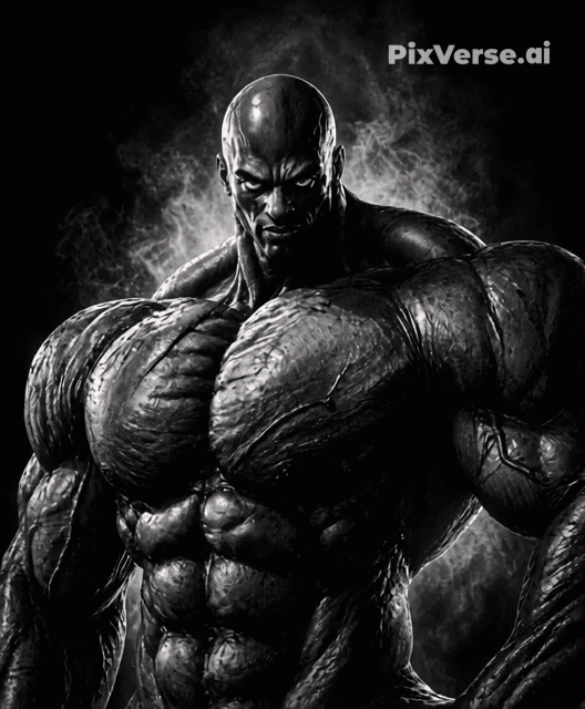 gigachad, 1nas, animated, bald, black background, black eyes, black skin, buff, chad, ear