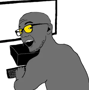 zoomer on computer, computer, glasses, gray skin, open mouth, smile, soyjak, soyjak party, stubble, soot
