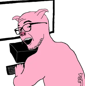 zoomer on computer, animal, computer, glasses, open mouth, pig, pink skin, smile, soyjak, stubble
