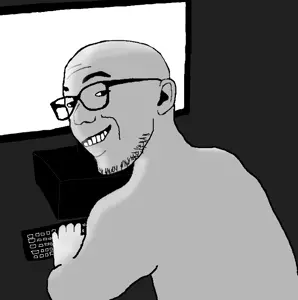 zoomer on computer, computer, glasses, ominous, smile, soyjak, stubble