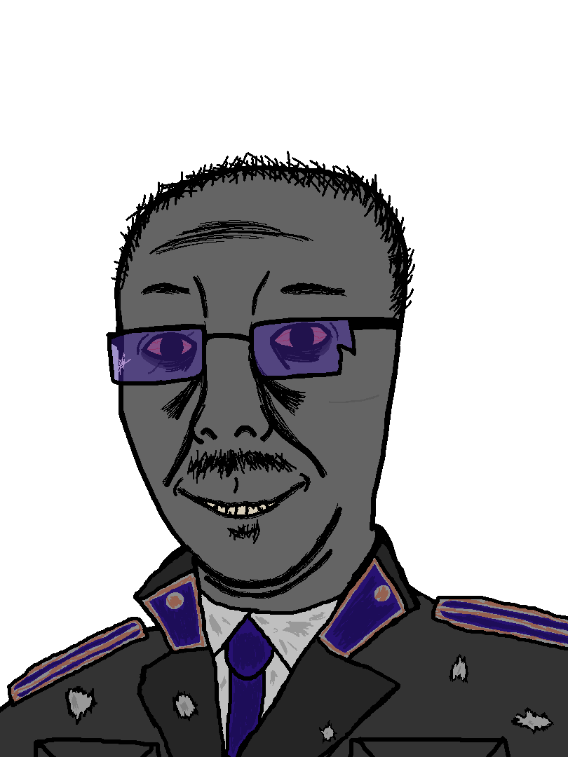 chudjak, kuzjak, chuzjak, balding, bloodshot eyes, broken glasses, clothes, crazed, dirty clothes, epaulettes