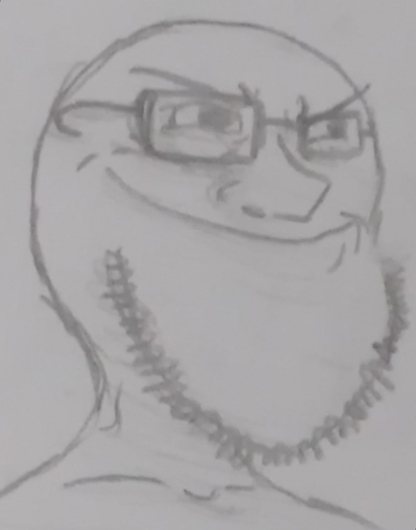 mr noob, soyak, soyak (smug), 1soyjak, bald, black eyes, closed mouth, deformed, drawing, drawn background
