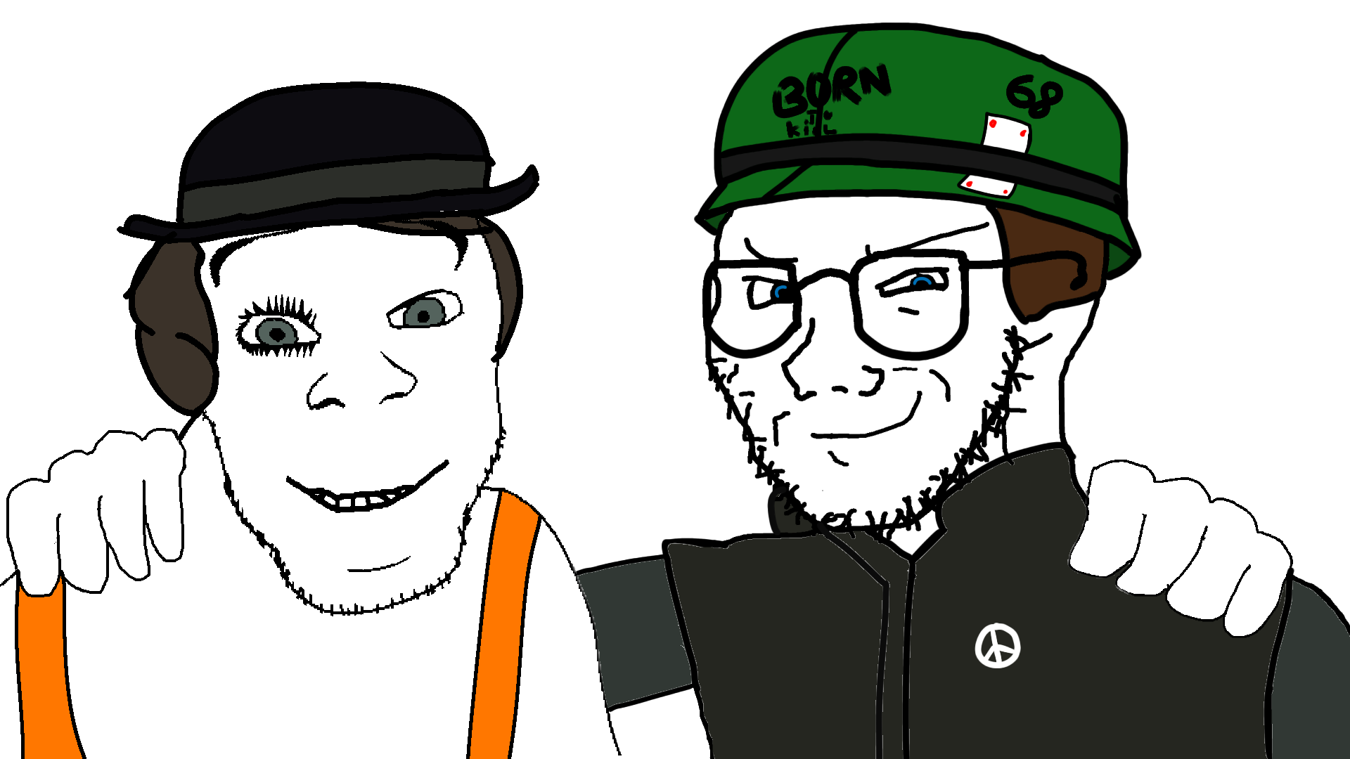feraljak, soyak, soyak (smug), no more brother wars, 2soyjaks, a clockwork orange, blue eyes, born to kill, brown hair, clothes