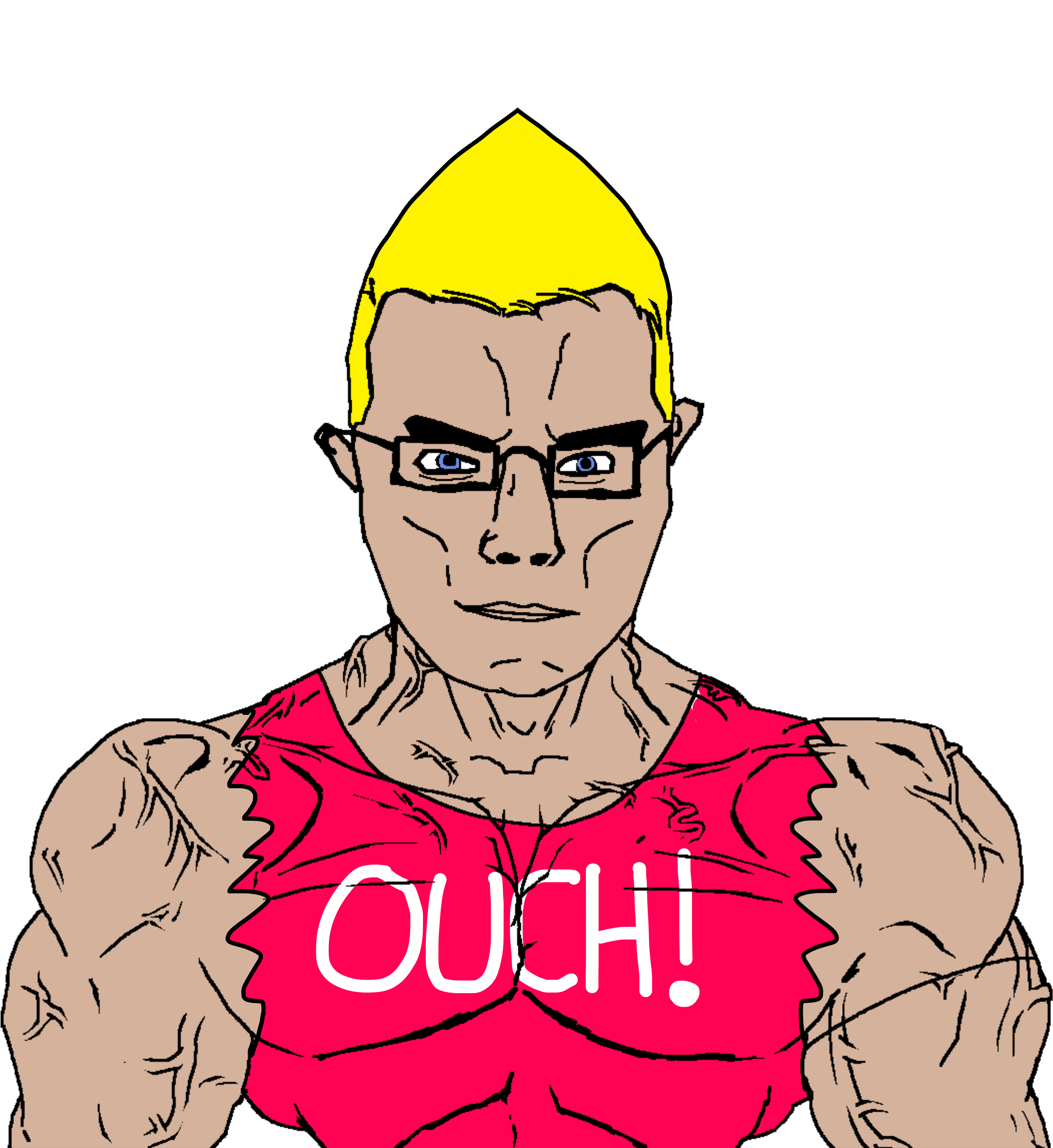 chad thundercock, chudjak, chudjak front, muscular chud, 1soyjak, arm, blonde hair, blue eyes, buff, chad
