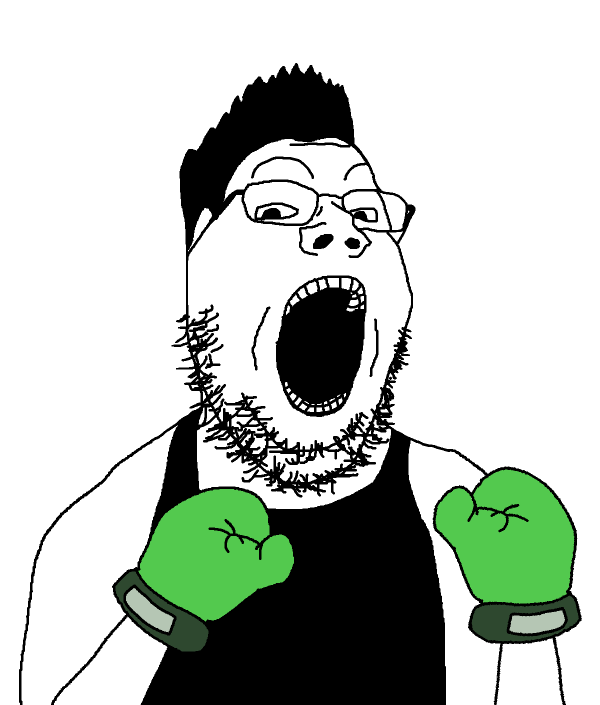 gapejak, 1soyjak, black hair, boxing, boxing glove, fat, glasses, hair, half body, little mac (punch out)