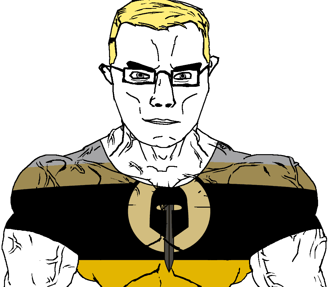 chudjak, chudjak front, muscular chud, blonde hair, buff, christpilled, closed mouth, flag, flag shirt, glasses