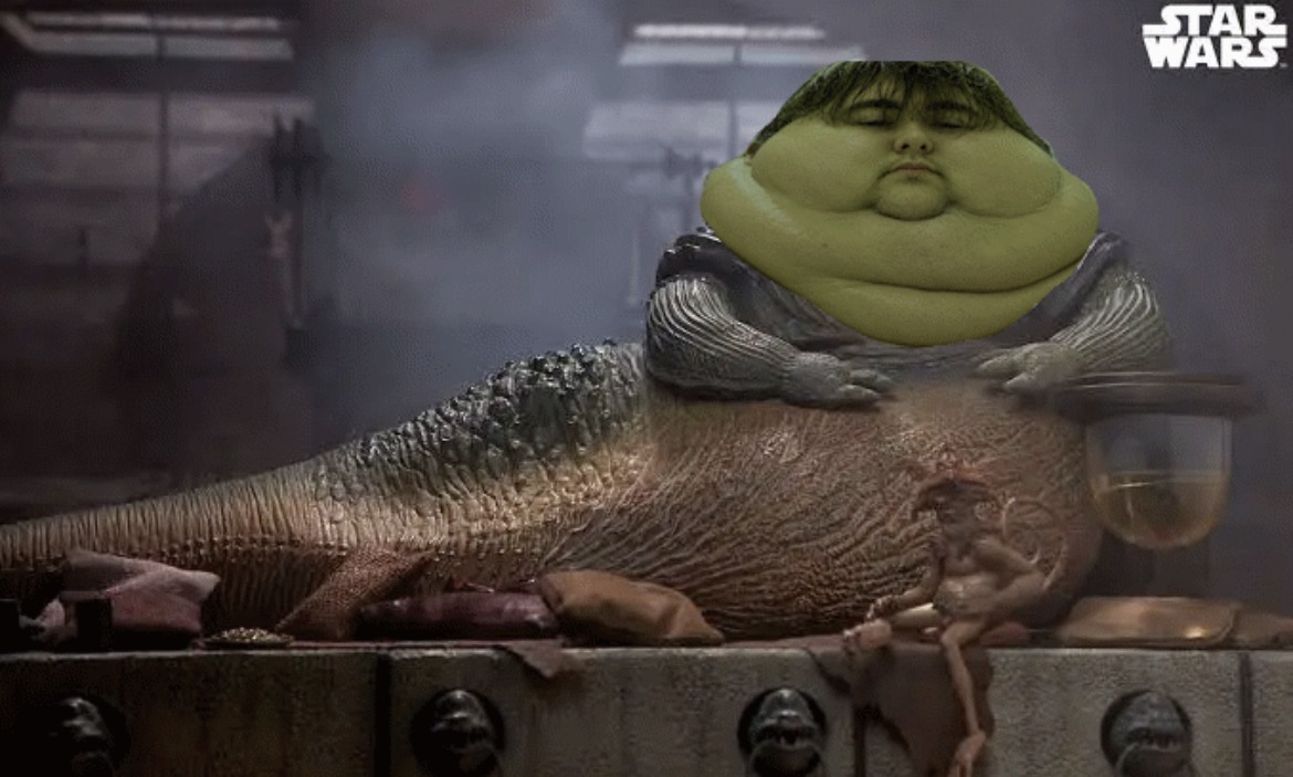 philippe, jabba the hutt, chin, closed mouth, disgusting, double chin, fat, green skin, looking at you, lying down