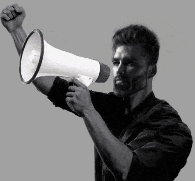 gigachad, angry, animated, beard, buff, gray background, gray shirt, gray skin, hair, megaphone