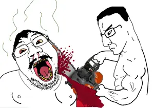 41330 - soybooru.com - 2soyjaks angry arm bernd blood bloodshot_eyes brown_skin buff chainsaw chainsaw_bernd chudjak closed_mouth crying decapitation fat flag glasses hair hand holding_chainsaw ho-1.jpg