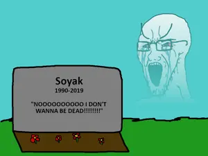 soyak, bloodshot eyes, crying, dead, drawn background, flower, funeral, glasses, large eyebrows, open mouth
