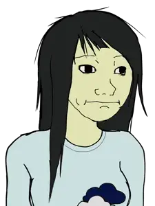 wojak, art, black eyes, black hair, closed mouth, frown, hair, half body, long hair, looking to the right