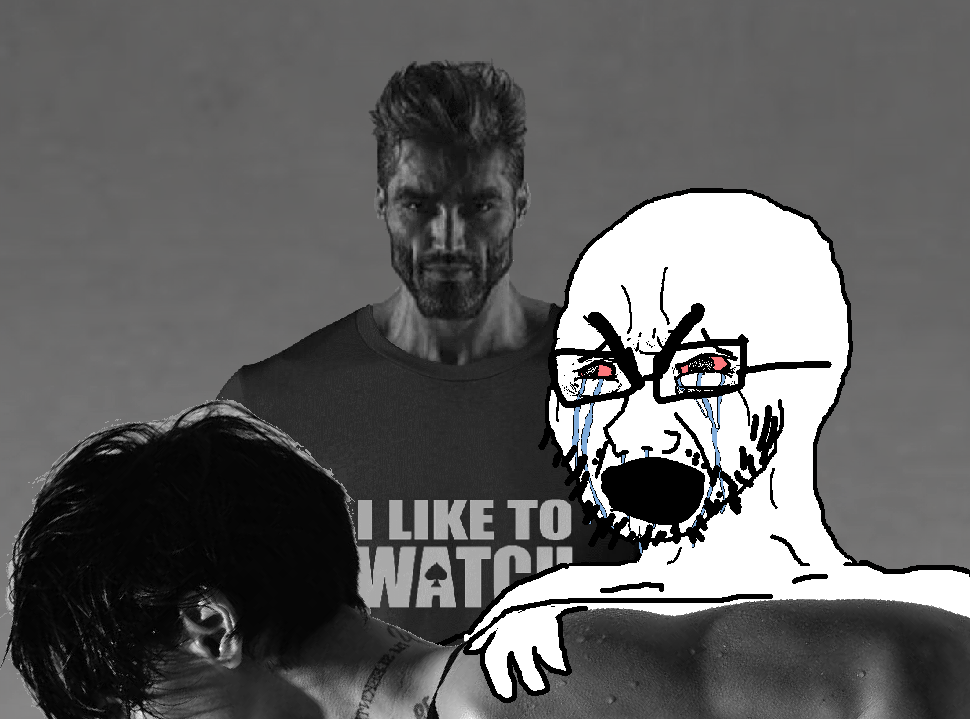 gigachad, cryboy soyjak, 1soyjak, angry, bald, beard, buff, closed mouth, clothes, cuck
