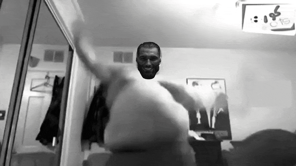gigachad, animated, arabic text, beard, black eyes, black hair, closed mouth, dance, fat, front view