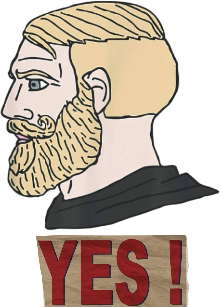 yes chad, beard, blonde hair, blue eyes, buff, closed mouth, ear, exclamation mark, hair, looking to the left