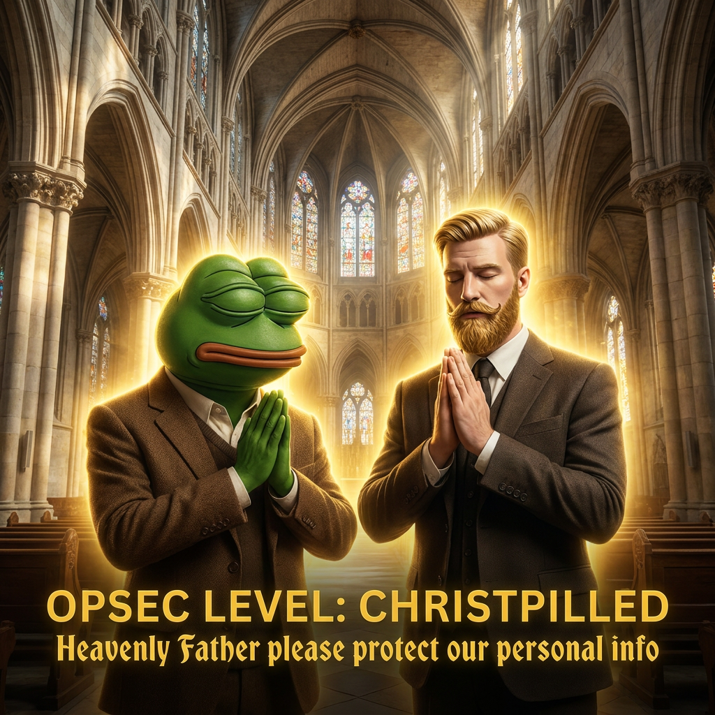 opsec demon, pepe, yes chad, opsec level, beard, blonde hair, cathedral, christianity, christpilled, church