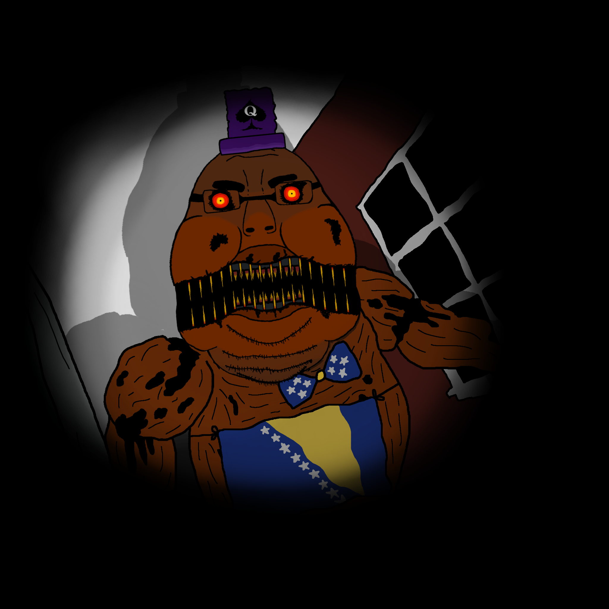 Screenshot of "Nightmare Olgol" from the game "Five nights a Cobson's 2". You only find Nightmare Olgol in the secret "Bosnia Night" only activated after clicking on 5 hidden bosnian flags scattered…