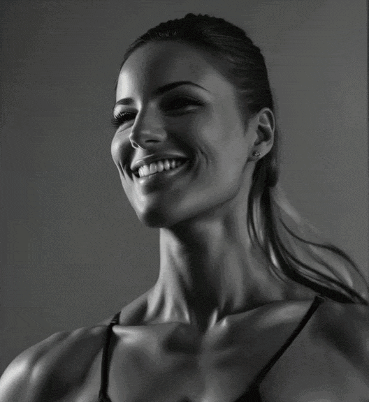 gigachad, animated, buff, flirting, front view, gigastacy, gray background, grayscale, hair, half body