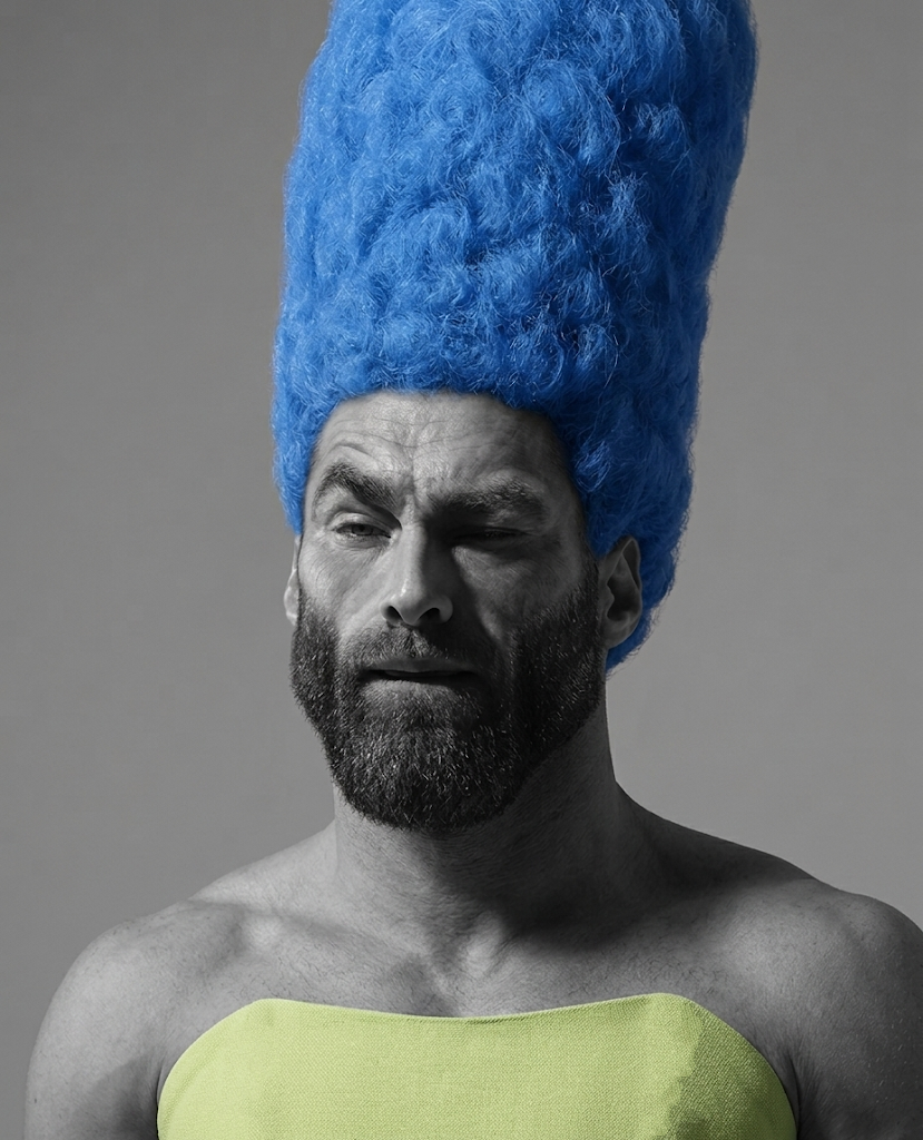 gigachad, marge simpson, beard, blue hair, buff, confused, front view, gray background, green dress, hair