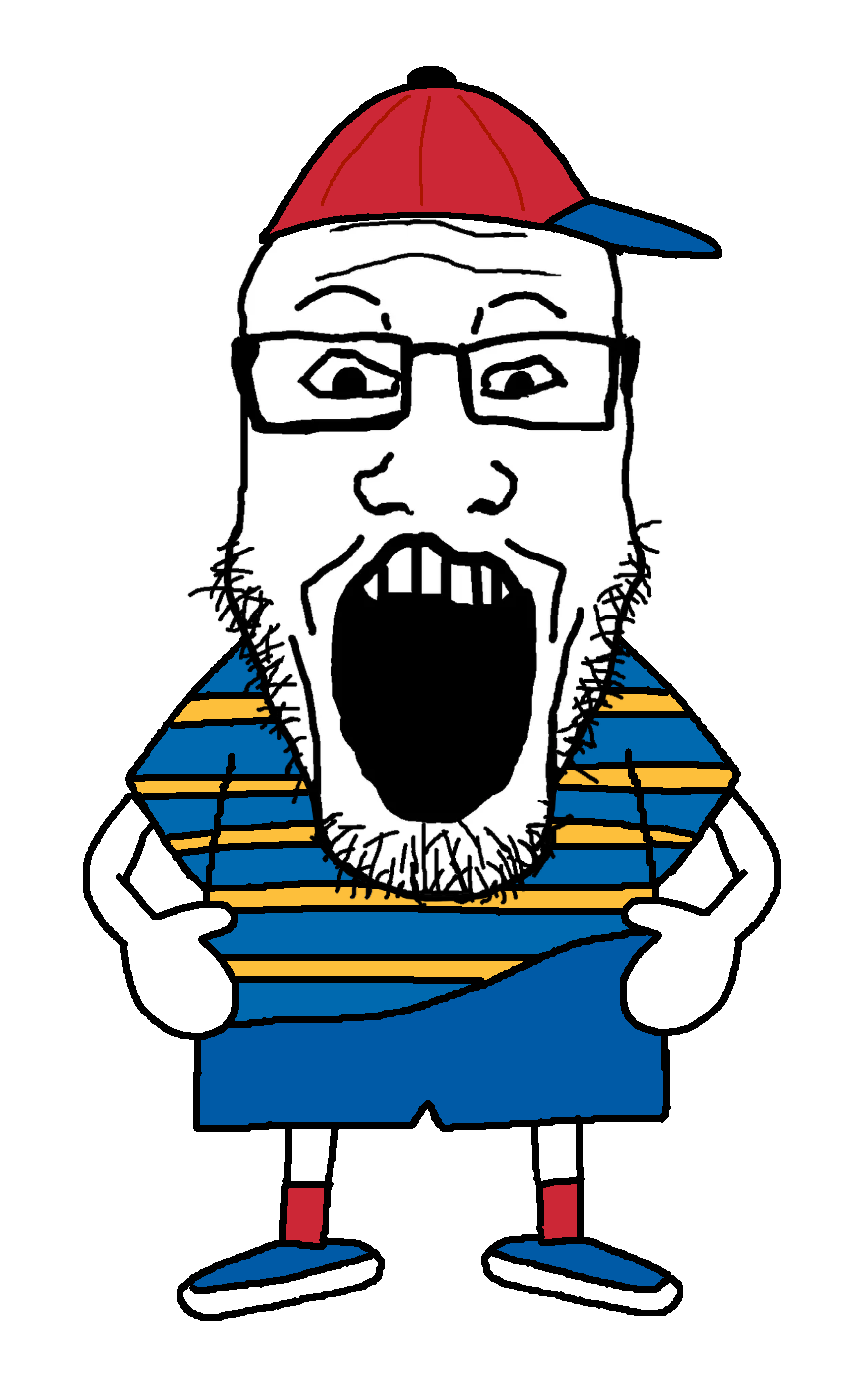 markiplier soyjak, 1soyjak, bald, baseball cap, black eyes, blue pants, blue shirt, blue shoes, blue shorts, cap