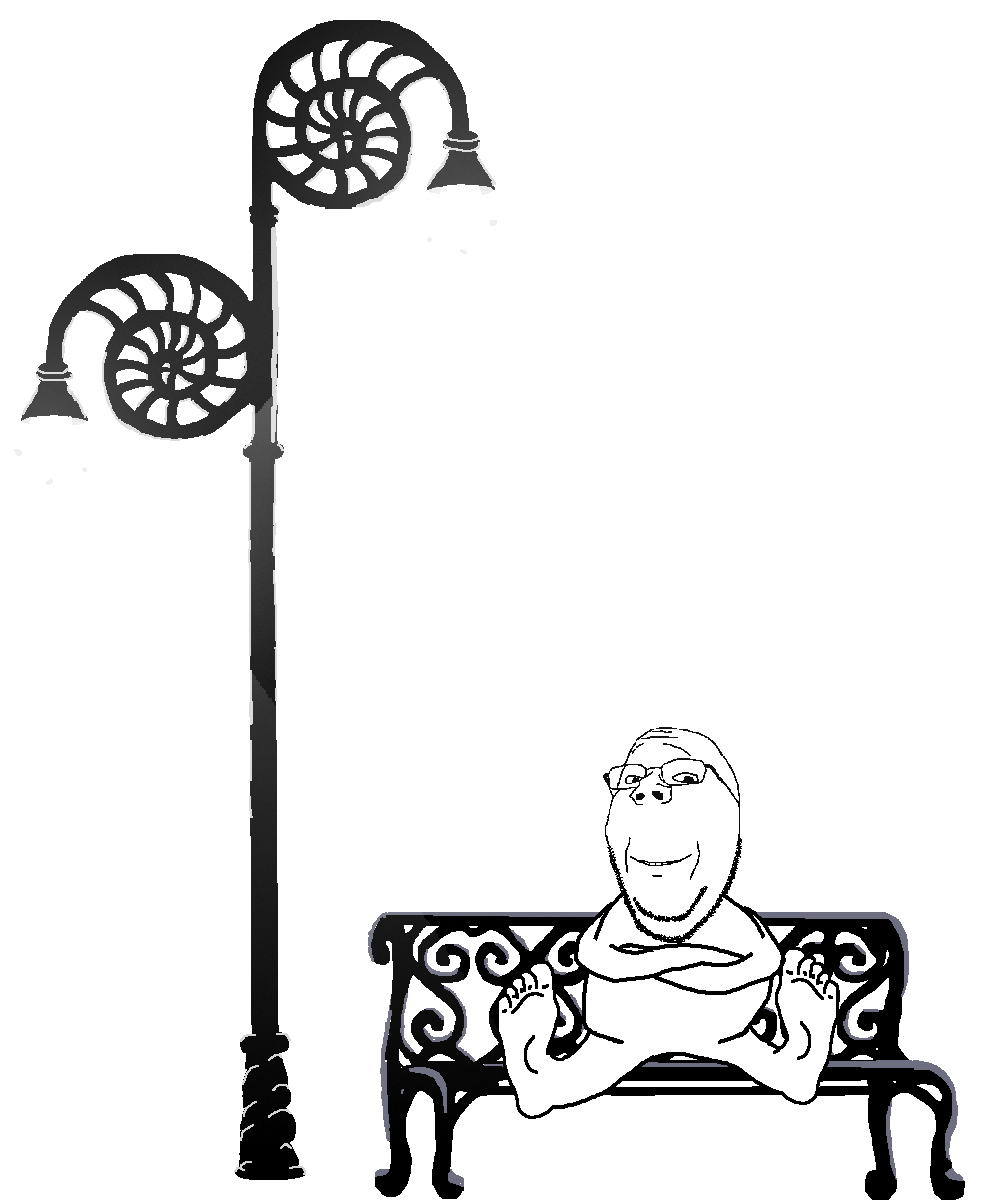 gapejak, wholesome soyjak, 1soyjak, bald, bench, front view, full body, glasses, lamp post, looking at you