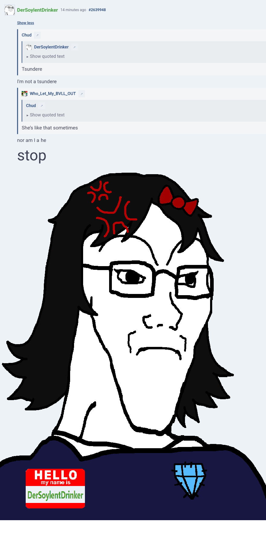 soyak, female longsoyak, long soyak, 1soyjak, anger mark, angry, annoyed, black hair, blue background, closed mouth