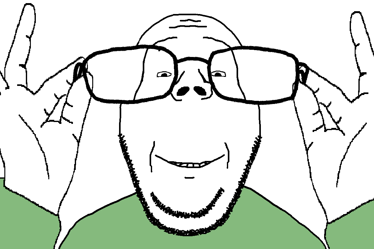 gapejak, gapejak front, wholesome soyjak, 1soyjak, bald, front view, glasses, green shirt, hand, hands