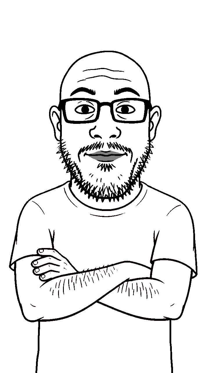 unknown, aliased, arm, arm hair, bald, closed mouth, crossed arms, ear, glasses, half body